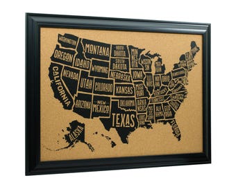 Typographic USA Cork Board Travel Map with Pins, Black Frame (20x30)