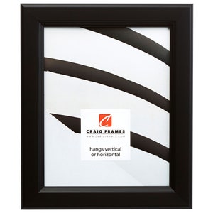May include: Black picture frame with a white mat and a white background. The frame has a simple design and is made of wood. The text "CRAIG FRAMES" and "www.CRAIGFRAMES.com" is printed on the mat. The text "hangs vertical or horizontal" is also printed on the mat.
