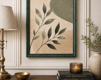 May include: A framed botanical print with a dark green frame. The artwork features watercolor-style leaves and abstract shapes in shades of green and beige. The text at the bottom reads "Any Size in 1/4 inch Increments up to 30" x 40".