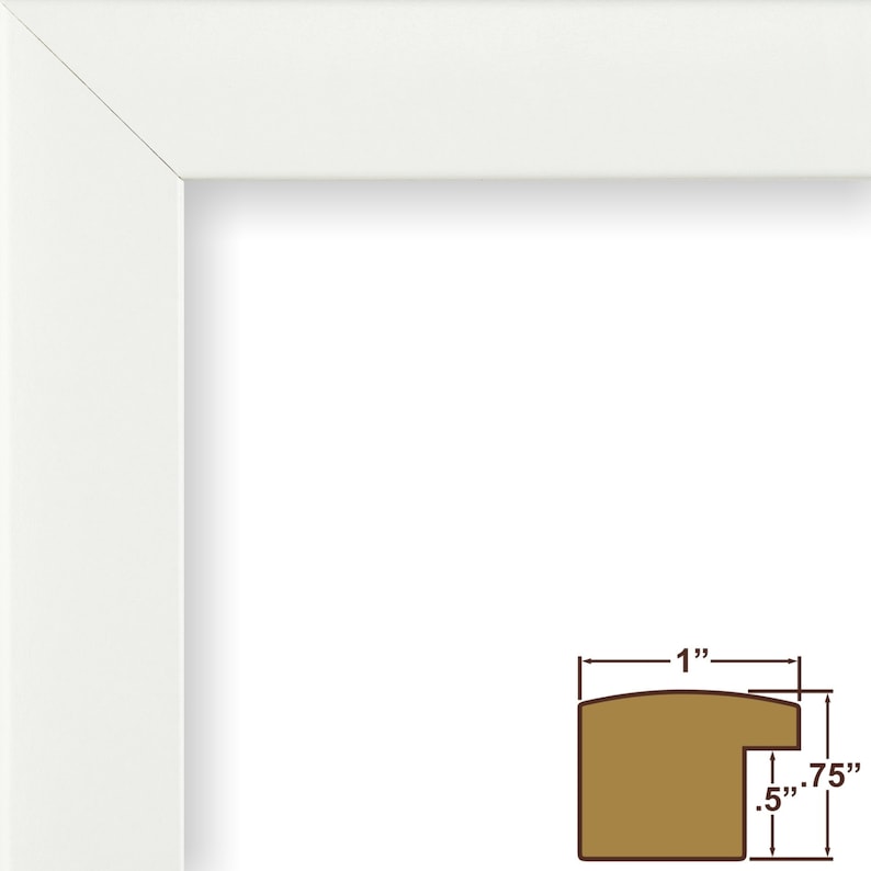 Pu&ograve; includere: Angolo di cornice bianca con un diagramma dettagliato della sezione trasversale. Il diagramma mostra il profilo della cornice, con dimensioni: 2,54 cm di larghezza, 1,91 cm di profondit&agrave; e una battuta di 1,27 cm. La cornice &egrave; di colore bianco brillante.