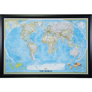 May include: A framed world map with a blue background and yellow and brown borders. The map is titled "The World" and features the National Geographic logo.