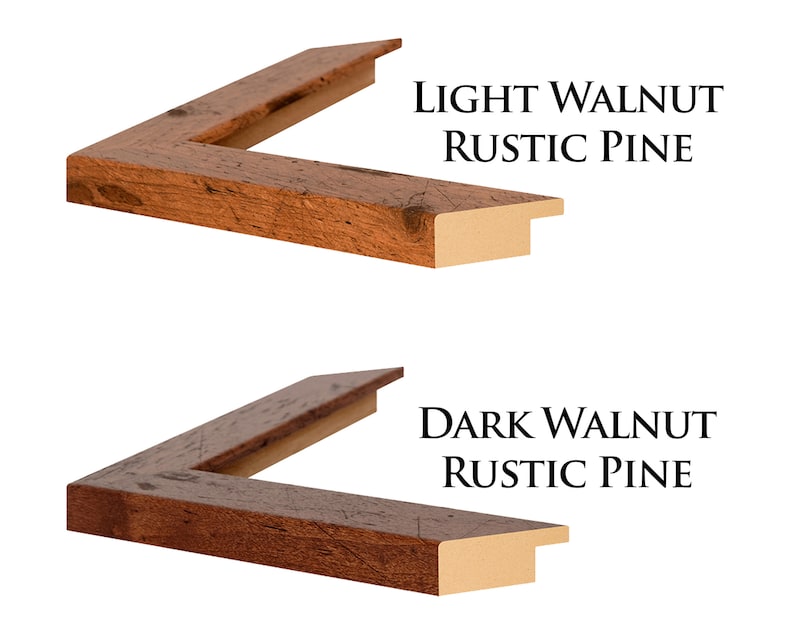 May include: Two wooden picture frame samples, one in light walnut and one in dark walnut, both with rustic pine trim. The frames are shown in a corner view.