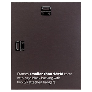May include: Black backing with two attached hangers for frames smaller than 12x18 inches. Frames smaller than 12x18 come with rigid black backing with two (2) attached hangers.