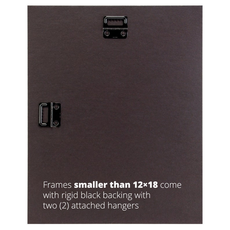 May include: Black backing with two attached hangers for frames smaller than 12x18 inches. Frames smaller than 12x18 come with rigid black backing with two (2) attached hangers.