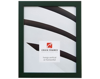 May include: A dark green picture frame with a white mat and a white background. The frame is made of wood and has a simple design. The frame is suitable for hanging both vertically and horizontally. The text on the frame reads "Craig Frames" and "www.craigframes.com".