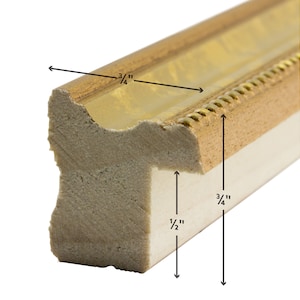 May include: Close-up of a wooden picture frame with a gold finish and a decorative rope design. The frame is 3/4 inch wide and 1/2 inch deep.