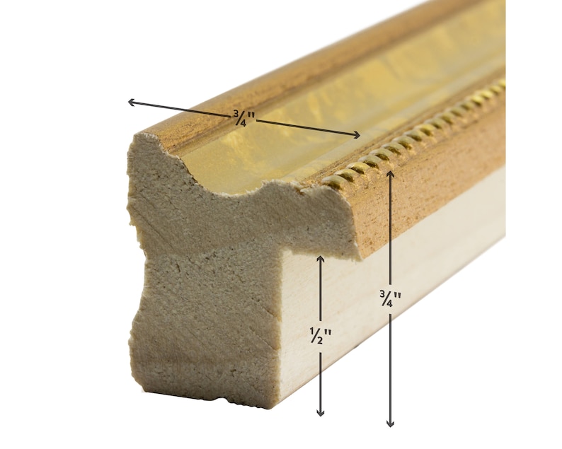 May include: Close-up of a wooden picture frame with a gold finish and a decorative rope design. The frame is 3/4 inch wide and 1/2 inch deep.