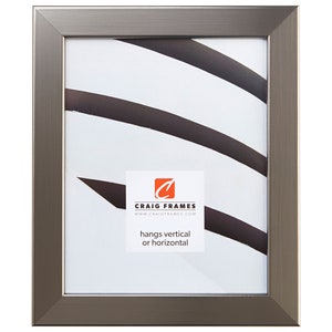 May include: A silver picture frame with a brushed metal finish. The frame is designed to hang vertically or horizontally. The text "Craig Frames" and "www.craigframes.com" is printed on the mat.