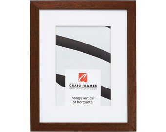 May include: A brown wood picture frame with a white mat and a white background. The frame is 8x10 inches and hangs vertically or horizontally. The frame has a Craig Frames logo and website address.