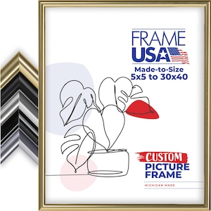 May include: A gold-colored picture frame with a white background featuring a line drawing of a plant. The frame is labeled "FRAME USA" and "Made-to-Size 5x5 to 30x40". The text "CUSTOM PICTURE FRAME" and "MICHIGAN MADE" are also visible.