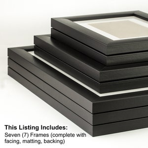 May include: Seven black picture frames stacked on top of each other. The frames are complete with facing, matting, and backing.