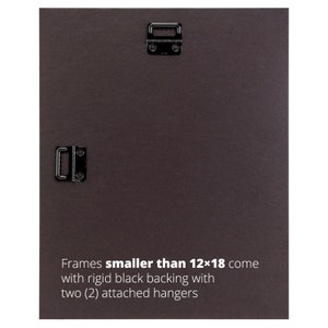 May include: Black backing with two attached hangers for frames smaller than 12x18 inches. Frames smaller than 12x18 come with rigid black backing with two (2) attached hangers.