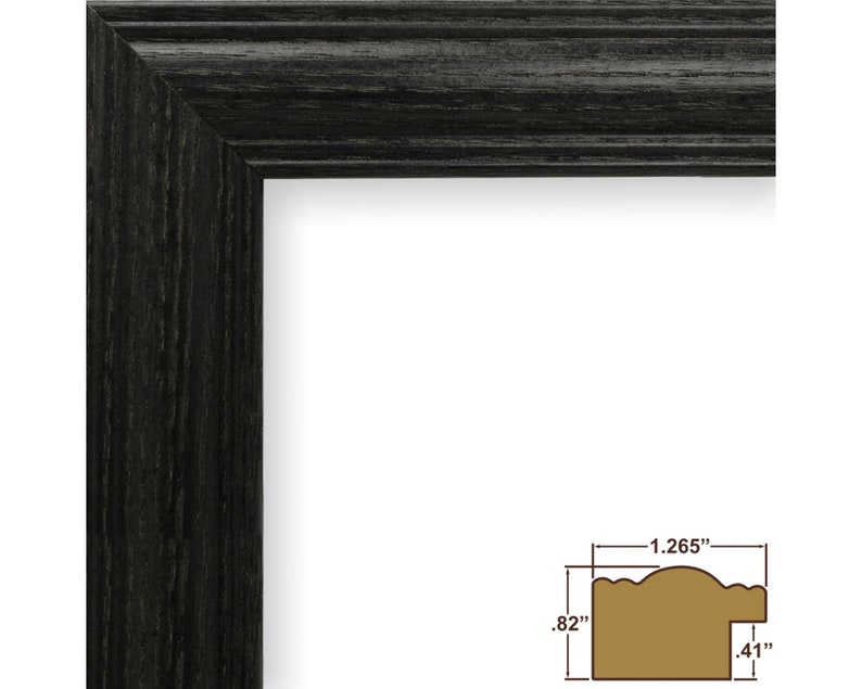 May include: Black wood picture frame with a simple, slightly rounded profile. The frame measures 1.265 inches wide, 0.82 inches tall, and 0.41 inches deep.