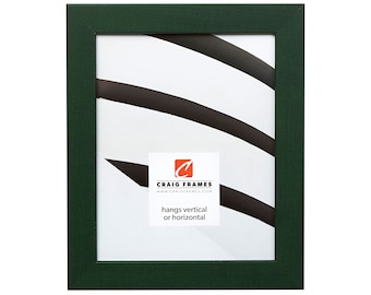 May include: A dark green picture frame with a white mat. The frame is made of wood and has a smooth finish. The frame is designed to hang vertically or horizontally. The text "Craig Frames" and "www.craigframes.com" is printed on the mat.