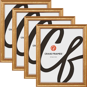 May include: Four gold picture frames with a decorative, ornate design. The frames are nested inside each other, with the largest frame in the back and the smallest frame in the front. The frames are made by Craig Frames, Michigan Made.