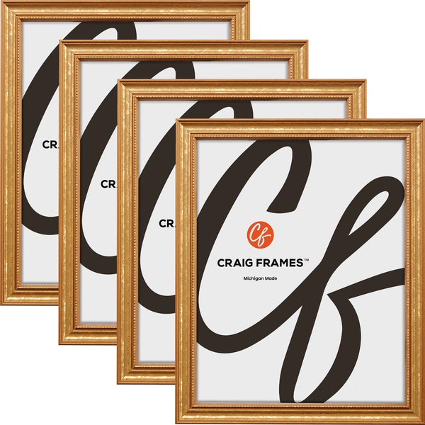 Stratton, Aged Gold Picture Frames, .75" Wide, Set of Four, 25 Common Sizes With Glass Facing (314GDL-4) Craig Frames, Set of Picture Frames