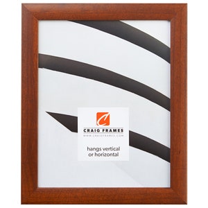 May include: A wood picture frame with a mahogany finish. The frame is 11x14 inches and hangs vertically or horizontally. The frame is made by Craig Frames.