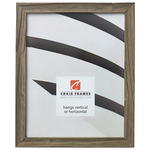 May include: A rustic wood picture frame with a light brown finish. The frame is designed to hang vertically or horizontally. The frame is made by Craig Frames.