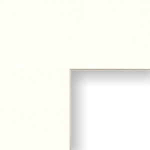 May include: A white mat board with a beveled edge. The mat board is used for framing artwork and photographs.