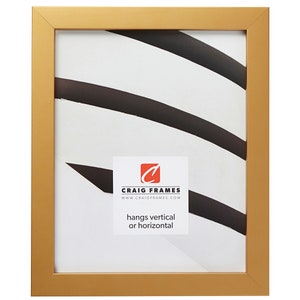 May include: A gold picture frame with a simple, modern design. The frame is made of metal and has a smooth finish. It can be hung vertically or horizontally.  "Craig Frames" and "www.craigframes.com" are printed on the frame.