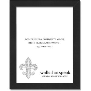 May include: Black picture frame with a 1.25 inch molding. The frame is made of eco-friendly composite wood with a rigid plexiglass facing. The frame features a fleur-de-lis design and the text "wallsthatspeak READY MADE FRAMES".