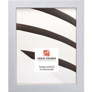 May include: A silver picture frame with a white mat and a white background. The frame has a brushed metal finish and is designed to hang vertically or horizontally. The text "Craig Frames" and "www.craigframes.com" is printed on the frame.