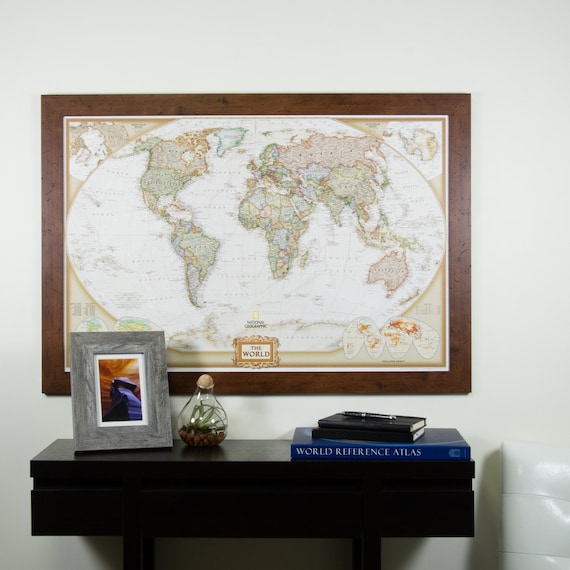 Framed National Geographic World Push Pin Travel Map, Brown Walnut