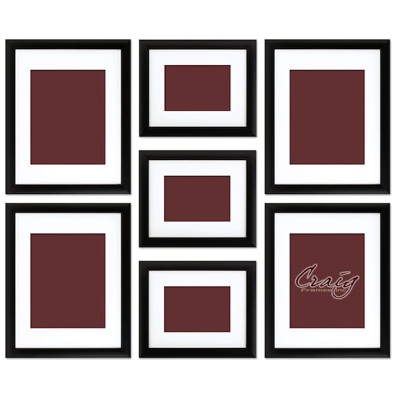 Seven Piece Black Picture Frame Set, White Display Mats