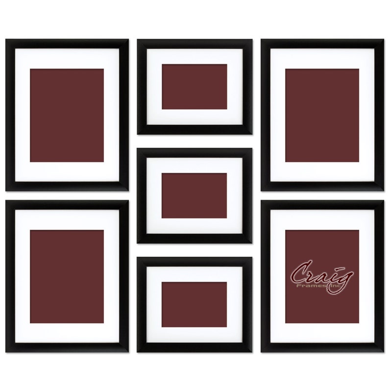 Seven Piece Black Picture Frame Set, White Display Mats (500FSET01S07Z) Gallery Wall Frame Set, Craig Frames, Matted Wall Collage Frames
