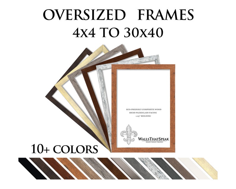 Op de afbeelding: Oversized fotolijsten in verschillende kleuren en maten, vari&euml;rend van 4x4 inch tot 30x40 inch. De lijsten zijn gemaakt van milieuvriendelijk composiet hout met een rigide plexiglas bekleding en 1,5 inch lijstwerk. De tekst "Walls That Speak" is zichtbaar op de lijst.