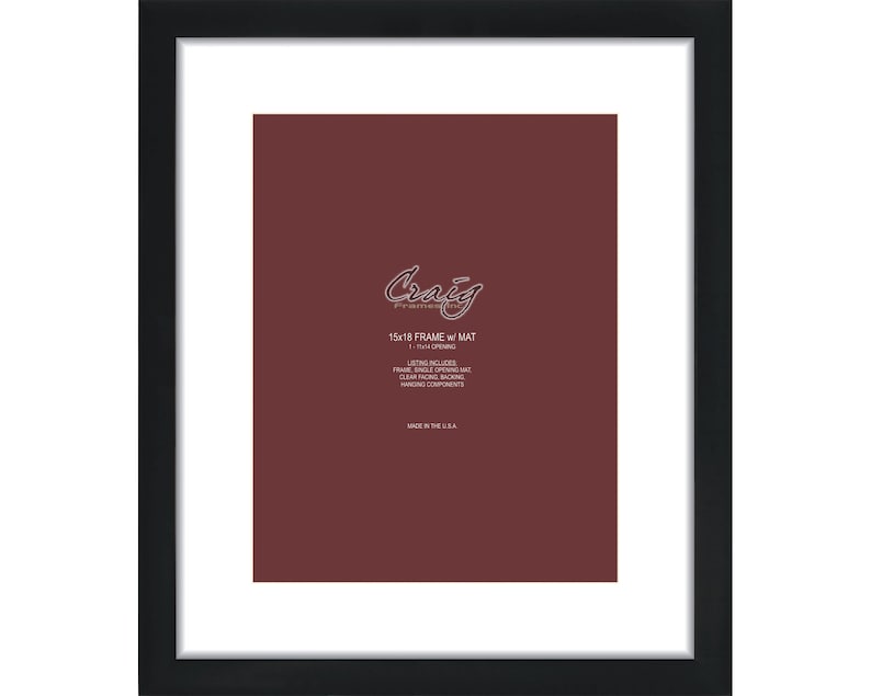 May include: A black picture frame with a white mount and a burgundy-coloured background. The frame has the text "Craig Frames" and "15x18 FRAME w/ MAT" printed on it. The frame includes clear facing, backing, and hanging components.