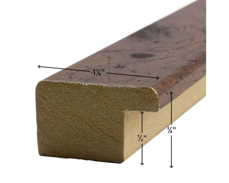 May include: Close-up of a wood picture frame with a brown and beige finish. The frame is 1 1/4 inches wide and 3/4 inches deep.