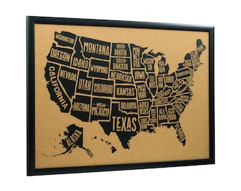 Typographic USA Cork Board Travel Map, Black Frame, 20x30