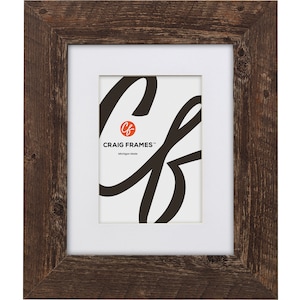 May include: A rustic brown wood picture frame with a white mat and a white background. The frame has a beveled edge and a distressed finish. The text "CRAIG FRAMES" is printed on the white background.