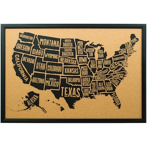 Wayfarer Cork Board, 16x20 inch, Typographic United States Push Pin Travel Map, Gallery Black Frame and Pins, (5001620MAP01F), Craig Frames