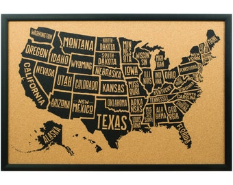 Wayfarer Cork Board, 16x20 inch, Typographic United States Push Pin Travel Map, Gallery Black Frame and Pins, (5001620MAP01F), Craig Frames