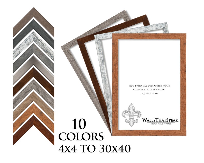 May include: Ten different colours of 1.25 inch wide picture frames made from eco-friendly composite wood with rigid plexiglass facing. The frames are available in sizes from 4x4 inches to 30x40 inches. The text "Walls That Speak" is printed on the frame.