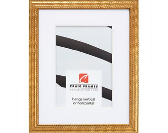 May include: Gold picture frame with a textured border. The frame is designed to hang vertically or horizontally. The frame is made by Craig Frames.
