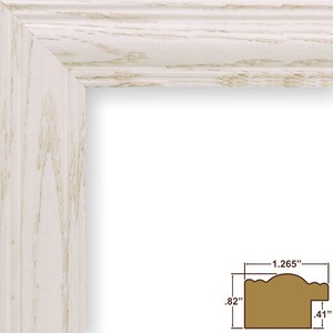 May include: White wood picture frame with a distressed finish. The frame measures 1.265 inches wide by .82 inches tall by .41 inches deep.