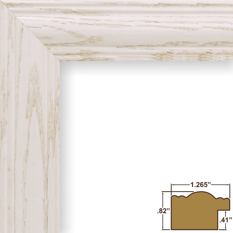 May include: White wood picture frame with a distressed finish. The frame measures 1.265 inches wide by .82 inches tall by .41 inches deep.