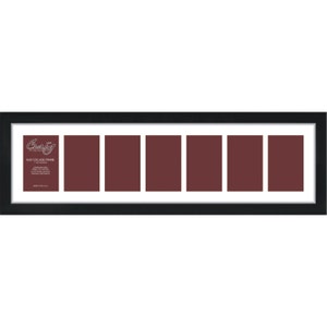 May include: Black picture frame with six openings for photos. The frame is made for a 6x4 collage. The text "Crazy Frames" is printed on the frame.