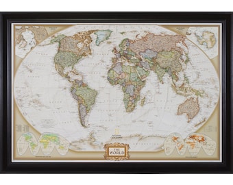 National Geographic World Push Pin Travel Map, Brazilian Walnut Frame