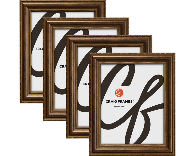 Pu&ograve; includere: Set di quattro cornici marroni con un design decorativo ornato. Le cornici sono realizzate da Craig Frames, Michigan Made.