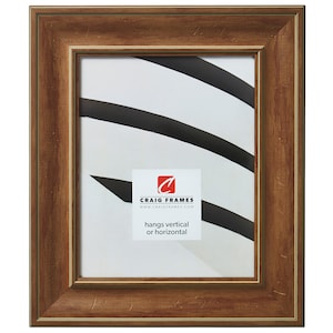 May include: A wood picture frame with a rustic brown finish and a gold trim. The frame is designed to hang vertically or horizontally. The text "Craig Frames" and "www.craigframes.com" is printed on the frame.