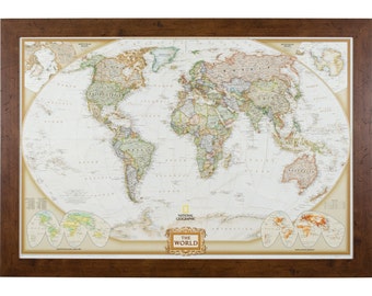 Framed National Geographic World Push Pin Travel Map, Brown Walnut, 24x36-Inch