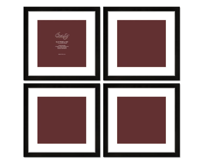 May include: Set of four black picture frames with white mats. The top left frame has a label that reads "Crazy" with the text "This frame is that" and other details. The other three frames are empty.
