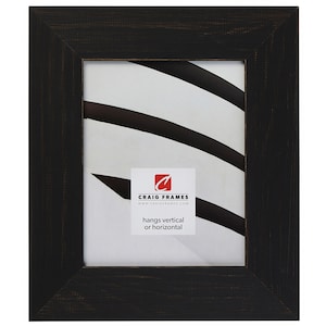 May include: Black wood picture frame with a distressed finish. The frame is 8x10 inches and can be hung vertically or horizontally. The frame is made by Craig Frames.