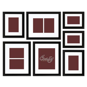 May include: A set of 7 black picture frames with white mats and brown inserts. The frames are arranged in a collage style. The largest frame has the text "Craig Frames Inc." in a cursive font.