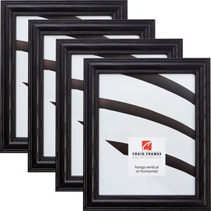 May include: Set of four black wood picture frames with a simple, classic design. Each frame hangs vertically or horizontally. The frames are made of wood with a black finish. The frames are 8x10 inches in size.