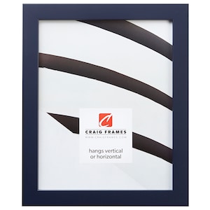 May include: A navy blue picture frame with a white mat and a white background. The frame is made of wood and has a simple design. The frame is 11x14 inches and can be hung vertically or horizontally. The frame is made by Craig Frames.